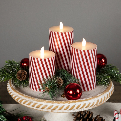 LED Flickering Flameless Candy Cane Striped Christmas Wax Pillar Candles - 6" - Set of 3