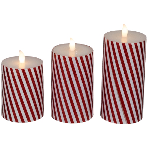 LED Flickering Flameless Candy Cane Striped Christmas Wax Pillar Candles - 6" - Set of 3