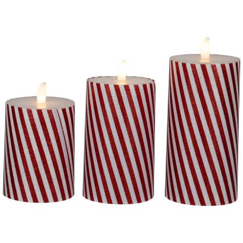 LED Flickering Flameless Candy Cane Striped Christmas Wax Pillar Candles - 6" - Set of 3