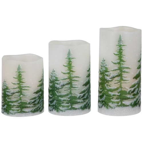 NORTHLIGHT  Led Flameless Frosted Pines Flickering Wax Pillar Christmas Candles - 6" - Set Of 3