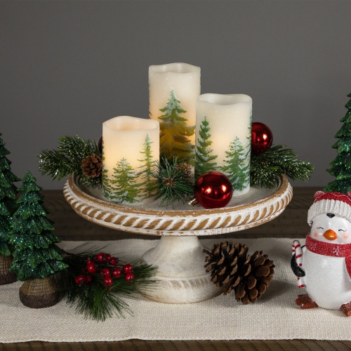 LED Flameless Frosted Pines Flickering Wax Pillar Christmas Candles - 6" - Set of 3