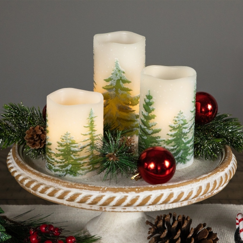 LED Flameless Frosted Pines Flickering Wax Pillar Christmas Candles - 6" - Set of 3