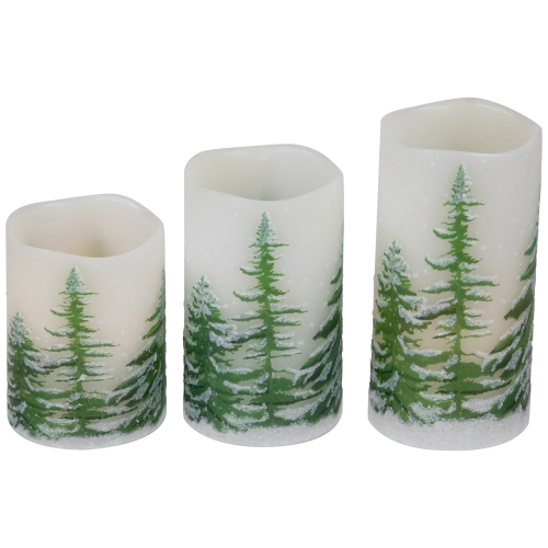 LED Flameless Frosted Pines Flickering Wax Pillar Christmas Candles - 6" - Set of 3
