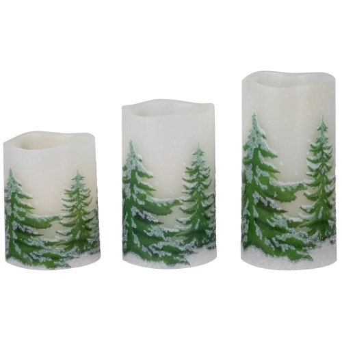 LED Flameless Frosted Pines Flickering Wax Pillar Christmas Candles - 6" - Set of 3