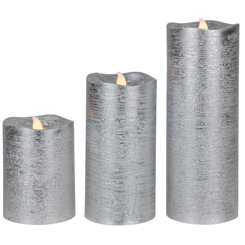 NORTHLIGHT  Set Of 3 Brushed Silver-Tone Led Flickering Flameless Pillar Candles 8"