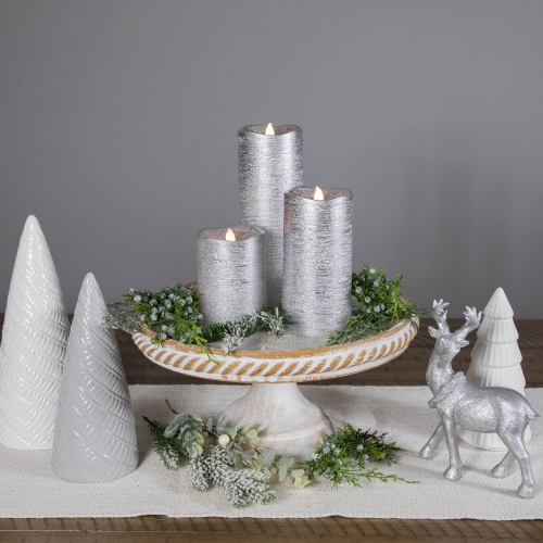 Set of 3 Brushed Silver-tone LED Flickering Flameless Pillar Candles 8"