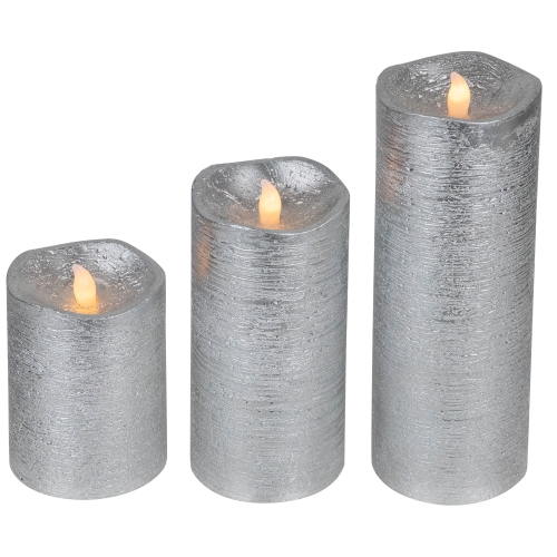 Set of 3 Brushed Silver-tone LED Flickering Flameless Pillar Candles 8"