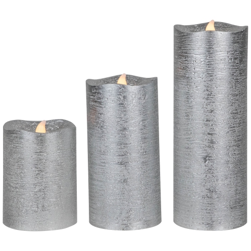 Set of 3 Brushed Silver-tone LED Flickering Flameless Pillar Candles 8"
