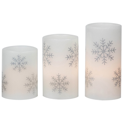LED Flameless Flickering Wax Pillar Snowflake Christmas Candles - 6" - Set of 3
