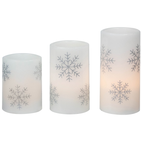 LED Flameless Flickering Wax Pillar Snowflake Christmas Candles - 6" - Set of 3