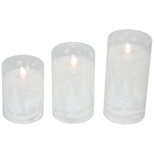 Bougies piliers de Noël sans flamme en verre, neige et forêt, 6 po, ensemble de 3