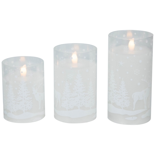 Bougies piliers de Noël sans flamme en verre, neige et forêt, 6 po, ensemble de 3