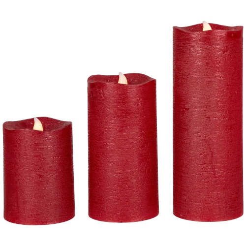 LED Flickering Flameless Textured Wax Pillar Candles - 8" - Red - Set of 3