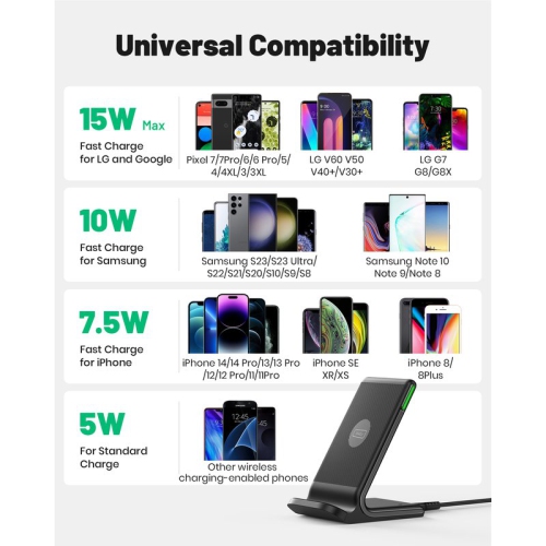 Station de recharge sans fil Qi avec lampe DEL pour le sommeil d'INIU 15 W pour iPhone, Samsung et plus - Noir