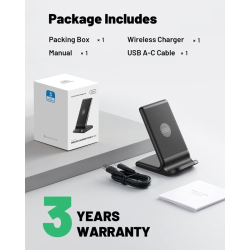 Station de recharge sans fil Qi avec lampe DEL pour le sommeil d'INIU 15 W pour iPhone, Samsung et plus - Noir