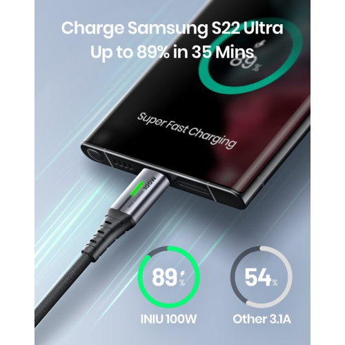 Câble USB-C INIU, câble de chargement rapide USB-C vers C 100 W, câble de chargement tressé de type C pour iPhone 15 Pro Max Samsung Galaxy S21