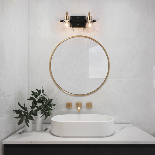 Black and Gold Bathroom Vanity Light, 14-in 2-Light Matte Black and Brass with Seeded Glass Shades LED Modern/Contemporary Vanity Light
