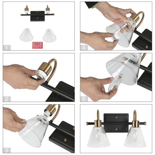 Black and Gold Bathroom Vanity Light, 14-in 2-Light Matte Black and Brass with Seeded Glass Shades LED Modern/Contemporary Vanity Light