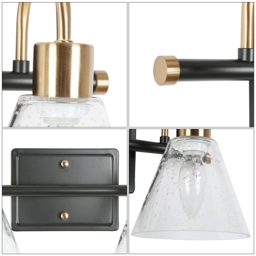 Black and Gold Bathroom Vanity Light, 14-in 2-Light Matte Black and Brass with Seeded Glass Shades LED Modern/Contemporary Vanity Light