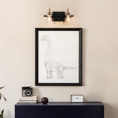 Black and Gold Bathroom Vanity Light, 14-in 2-Light Matte Black and Brass with Seeded Glass Shades LED Modern/Contemporary Vanity Light