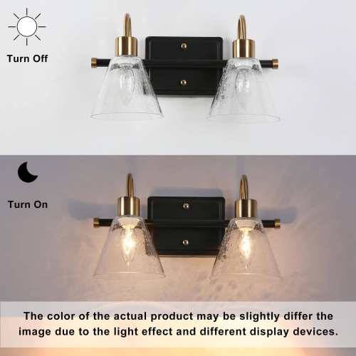 Black and Gold Bathroom Vanity Light, 14-in 2-Light Matte Black and Brass with Seeded Glass Shades LED Modern/Contemporary Vanity Light