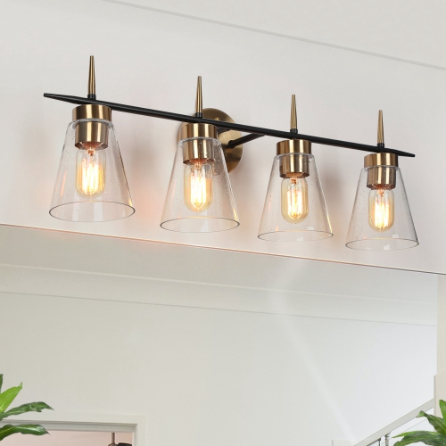 UOLFIN  And Gold Bathroom Vanity Light, 29-In 4-Light And Polished Brass Gold In Seeded Glass Led Modern/contemporary Vanity Light In Black