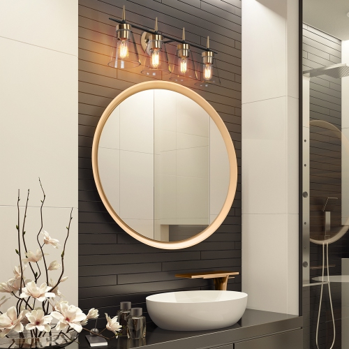 Black and Gold Bathroom Vanity Light, 29-in 4-Light Black and Polished Brass Gold In Seeded Glass LED Modern/Contemporary Vanity Light