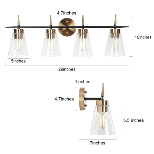 Black and Gold Bathroom Vanity Light, 29-in 4-Light Black and Polished Brass Gold In Seeded Glass LED Modern/Contemporary Vanity Light