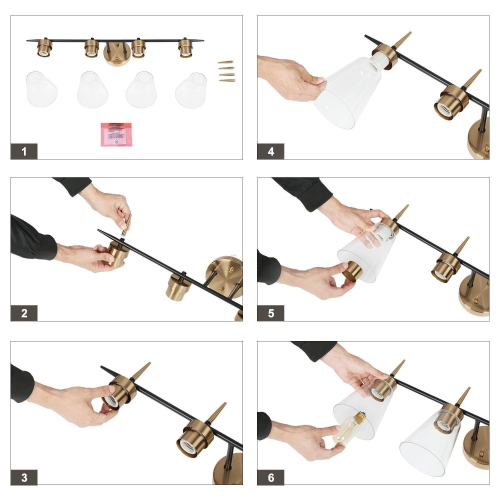 Black and Gold Bathroom Vanity Light, 29-in 4-Light Black and Polished Brass Gold In Seeded Glass LED Modern/Contemporary Vanity Light