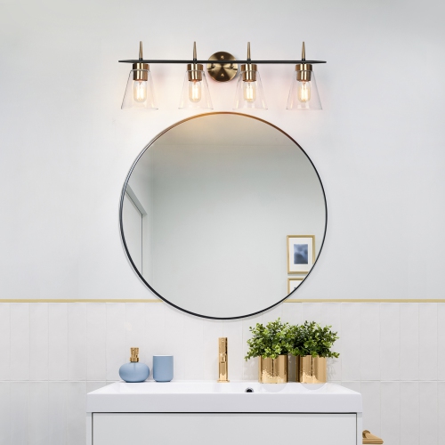 Black and Gold Bathroom Vanity Light, 29-in 4-Light Black and Polished Brass Gold In Seeded Glass LED Modern/Contemporary Vanity Light