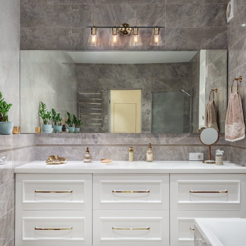 Black and Gold Bathroom Vanity Light, 29-in 4-Light Black and Polished Brass Gold In Seeded Glass LED Modern/Contemporary Vanity Light