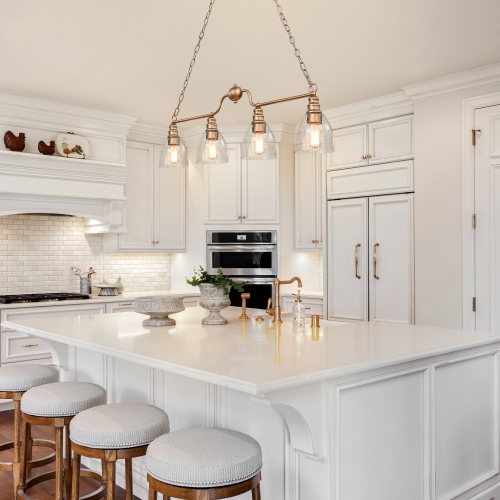 Mid-Century Kitchen Island Linear Chandelier, 4-Light Brass Gold Chandelier with Seeded Glass Shades