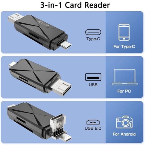 SD Card Reader [USB2.0 / Type C/Micro USB / 3-in-1] Card Reader OTG USB SD USB Type C Memory Card Reader - Compatible with Micro SD, Micro SDHC Card,