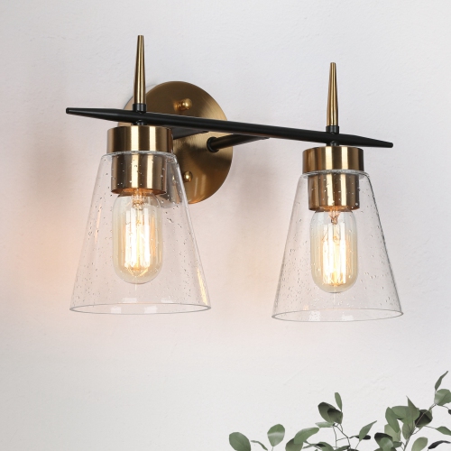 UOLFIN  And Gold Bathroom Vanity Light, 14.5-In 2-Light And Polished Brass Gold In Seeded Glass Led Modern/contemporary Vanity Light In Black