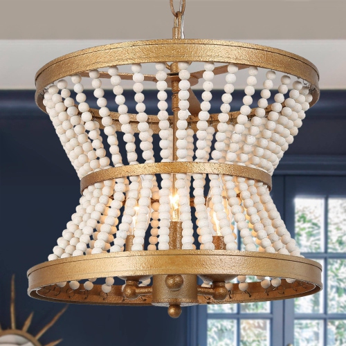 UOLFIN  Farmhouse Dining Room Chandelier, 3-Light Antique Drum Island Chandelier Light With Wooden Beads In Gold
