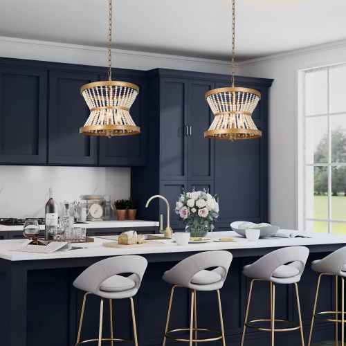 Farmhouse Dining Room Chandelier, 3-Light Antique Gold Drum Island Chandelier Light with Wooden Beads