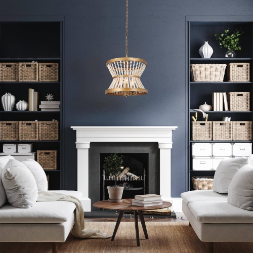 Farmhouse Dining Room Chandelier, 3-Light Antique Gold Drum Island Chandelier Light with Wooden Beads