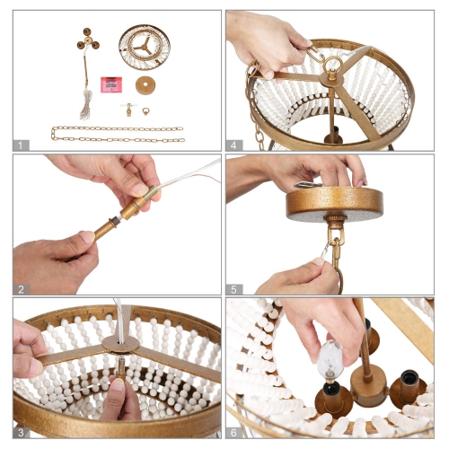 Farmhouse Dining Room Chandelier, 3-Light Antique Gold Drum Island Chandelier Light with Wooden Beads