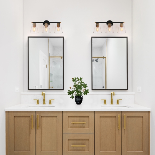 Gold and Polished Gold Bathroom Vanity Light, 21.5-in 3-Light Brass Gold and Black Bell LED Transitional Vanity Light
