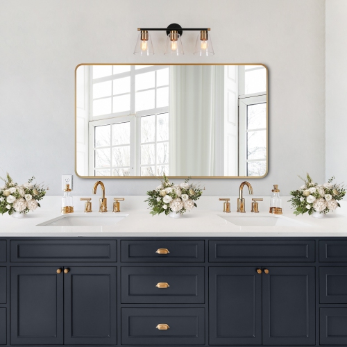 Gold and Polished Gold Bathroom Vanity Light, 21.5-in 3-Light Brass Gold and Black Bell LED Transitional Vanity Light
