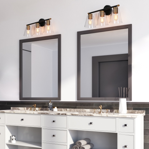 Gold and Polished Gold Bathroom Vanity Light, 21.5-in 3-Light Brass Gold and Black Bell LED Transitional Vanity Light