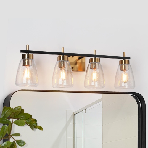Gold and Polished Gold Bathroom Vanity Light, 29-in 4-Light Black and Brass Gold In Bell LED Modern/Contemporary Vanity Light