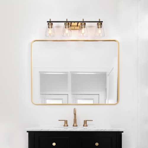 Gold and Polished Gold Bathroom Vanity Light, 29-in 4-Light Black and Brass Gold In Bell LED Modern/Contemporary Vanity Light