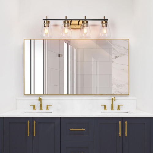 Gold and Polished Gold Bathroom Vanity Light, 29-in 4-Light Black and Brass Gold In Bell LED Modern/Contemporary Vanity Light