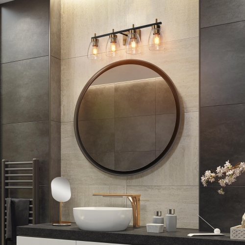Gold and Polished Gold Bathroom Vanity Light, 29-in 4-Light Black and Brass Gold In Bell LED Modern/Contemporary Vanity Light