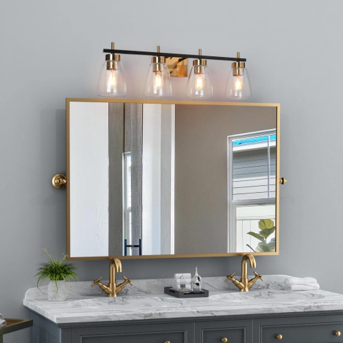 Gold and Polished Gold Bathroom Vanity Light, 29-in 4-Light Black and Brass Gold In Bell LED Modern/Contemporary Vanity Light