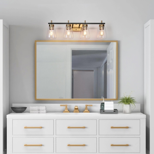 Gold and Polished Gold Bathroom Vanity Light, 29-in 4-Light Black and Brass Gold In Bell LED Modern/Contemporary Vanity Light