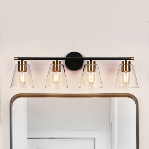 Gold and Polished Gold Bathroom Vanity Light, 30-in 4-Light Brass Gold and Black Bell LED Transitional Vanity Light