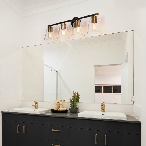 Gold and Polished Gold Bathroom Vanity Light, 30-in 4-Light Brass Gold and Black Bell LED Transitional Vanity Light