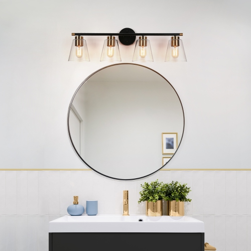Gold and Polished Gold Bathroom Vanity Light, 30-in 4-Light Brass Gold and Black Bell LED Transitional Vanity Light